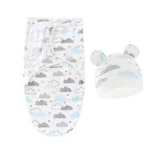 Baby Colorful Cloud Swaddle Blanket & Hat Set With Cloud Print And Ear Details N